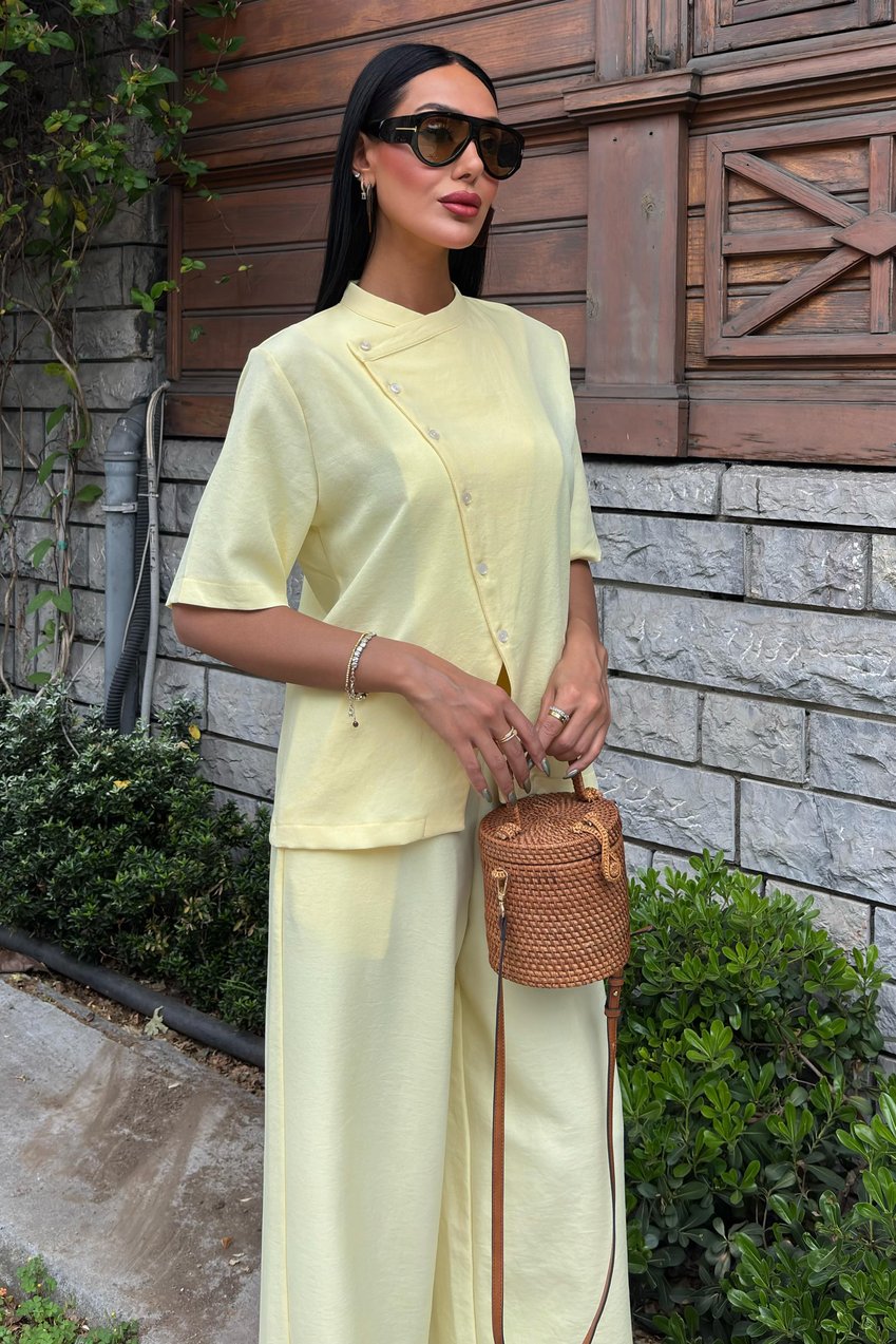 Grandad Collar Cross-Button Plazzo Trousers Viscose Linen Suit