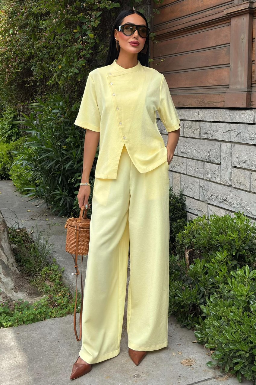 Grandad Collar Cross-Button Plazzo Trousers Viscose Linen Suit