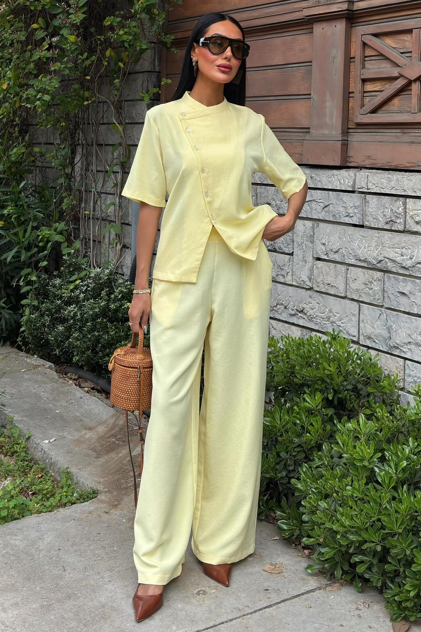 Grandad Collar Cross-Button Plazzo Trousers Viscose Linen Suit