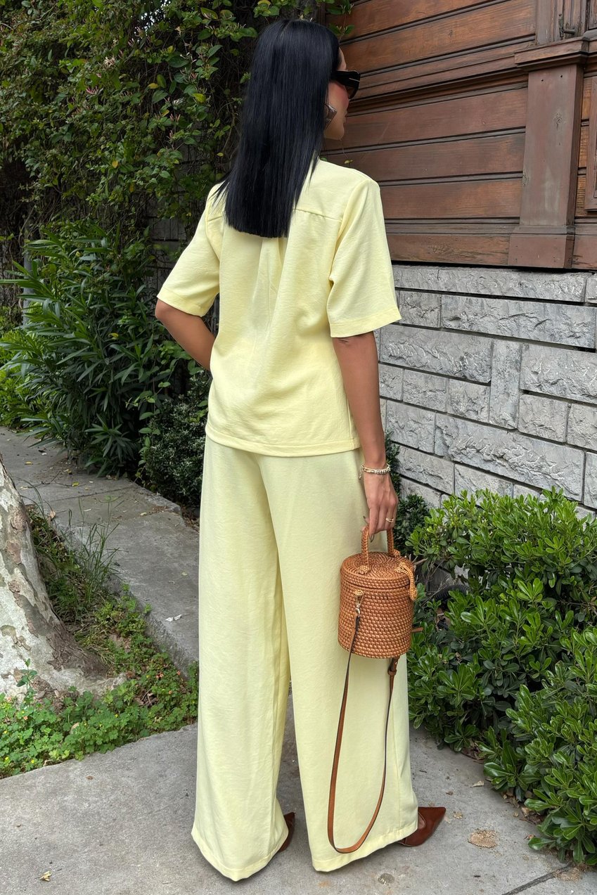 Grandad Collar Cross-Button Plazzo Trousers Viscose Linen Suit