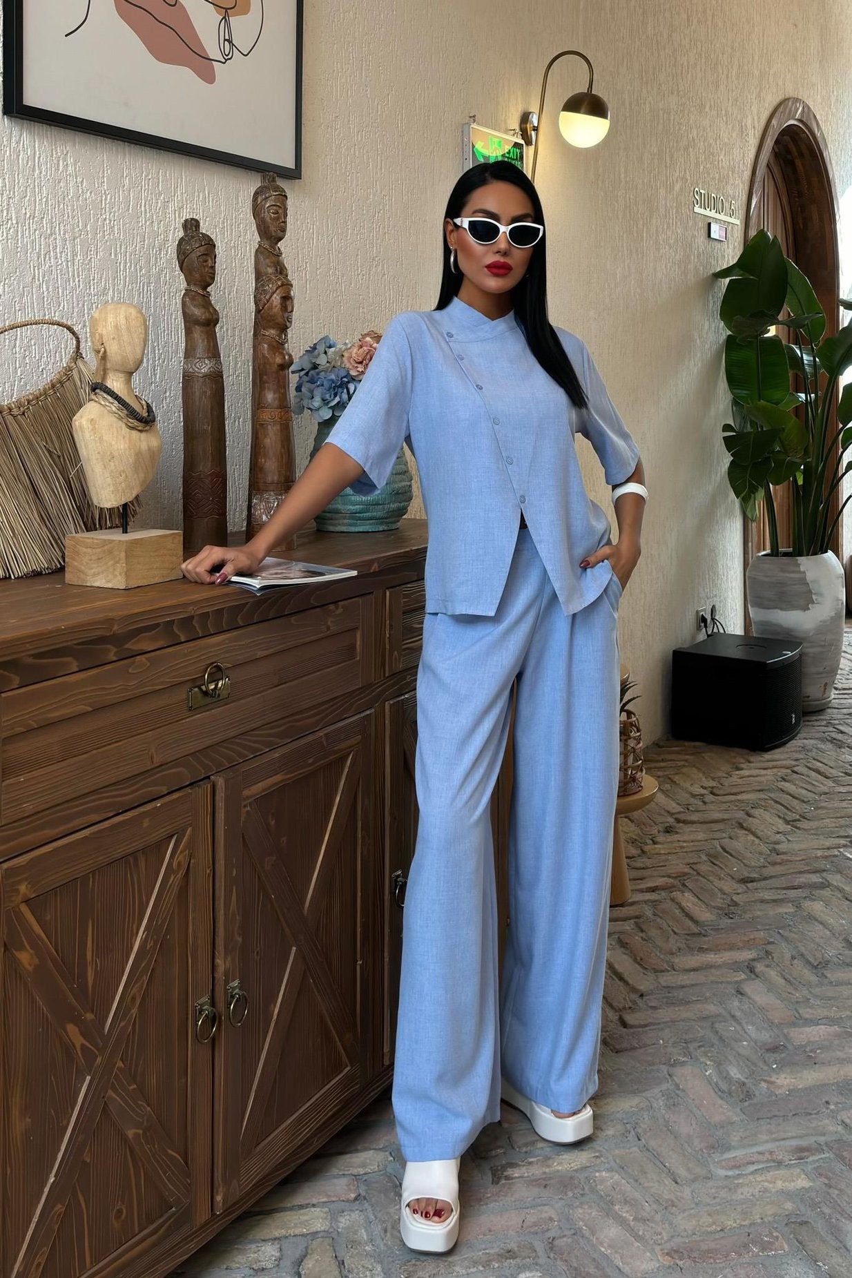 Grandad Collar Cross-Button Plazzo Trousers Viscose Linen Suit