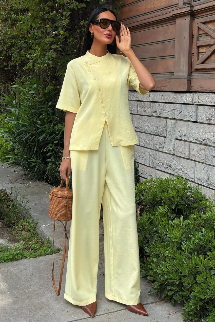 Grandad Collar Cross-Button Plazzo Trousers Viscose Linen Suit