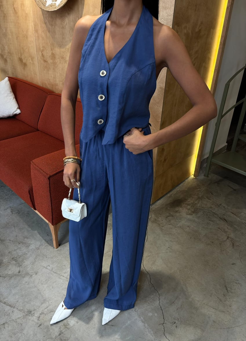 Halter Neck Vest Modal Suit Blue