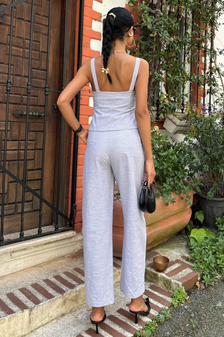 Thick Strap Blouse and Trousers Linen Suit Blue