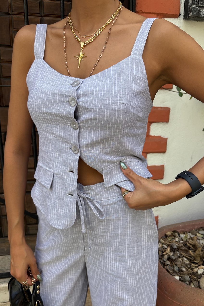 Thick Strap Blouse and Trousers Linen Suit Blue