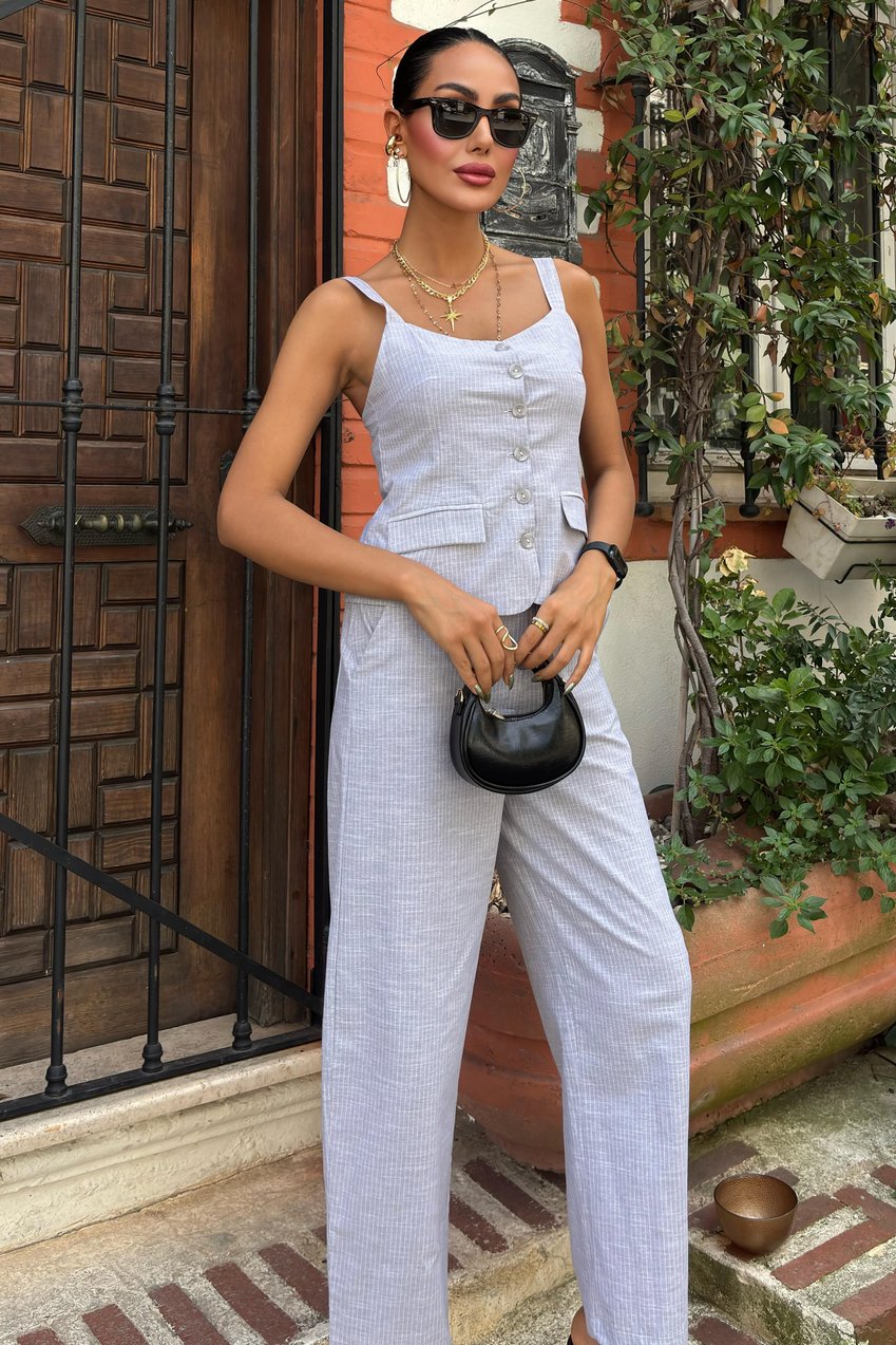 Thick Strap Blouse and Trousers Linen Suit Blue