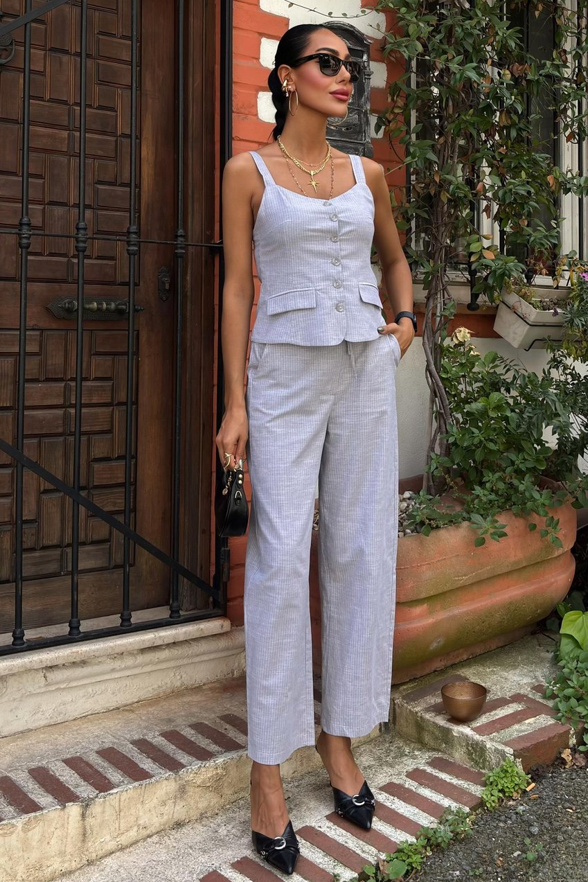 Thick Strap Blouse and Trousers Linen Suit Blue