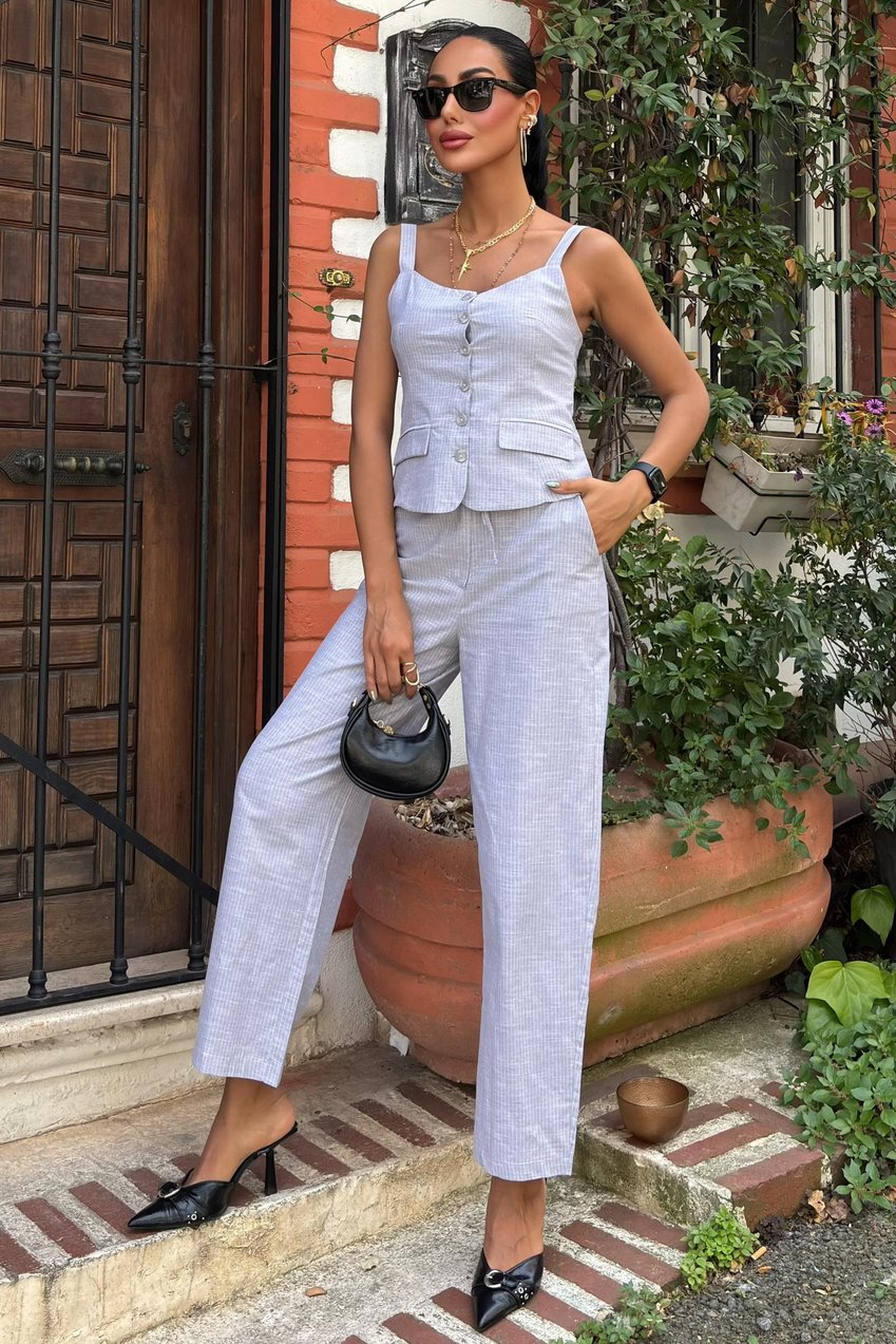 Thick Strap Blouse and Trousers Linen Suit Blue