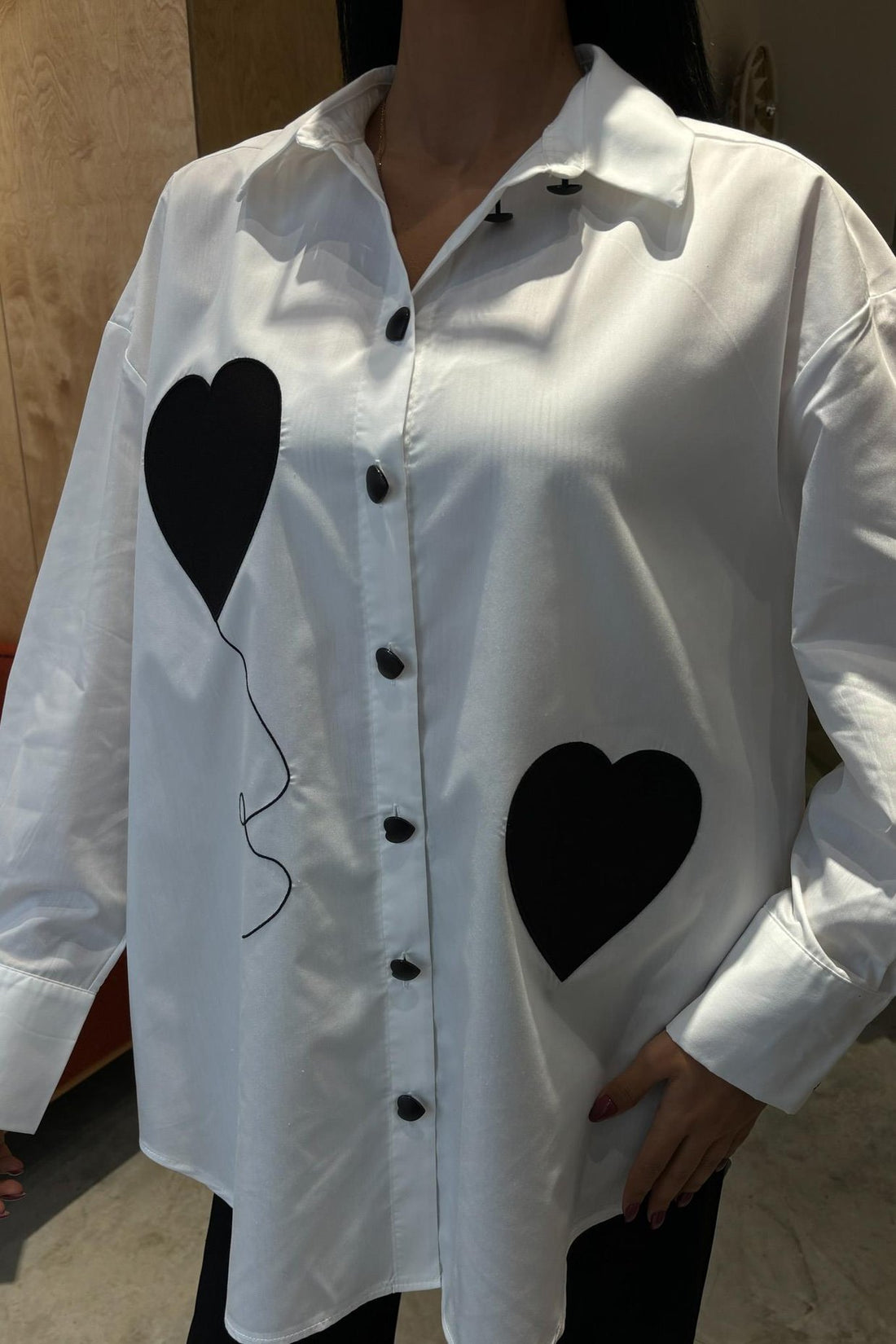 Heart Embroidered and Button Detailed Oversize White Shirt