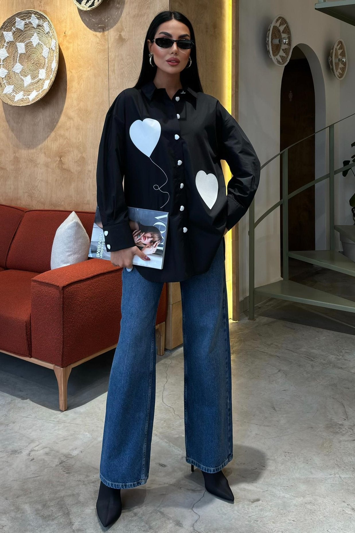 Heart Embroidered and Button Detailed Oversize Shirt
