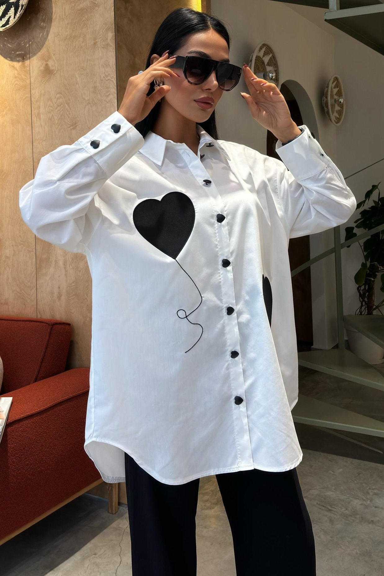 Heart Embroidered and Button Detailed Oversize Shirt
