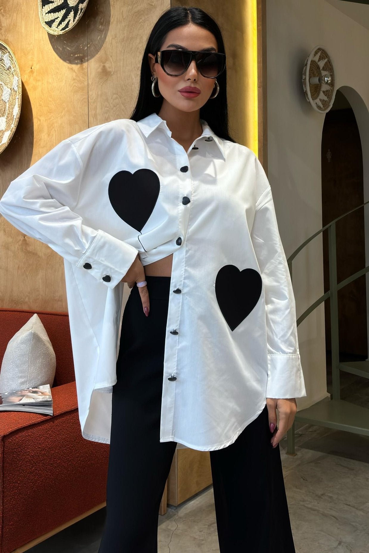 Heart Embroidered and Button Detailed Oversize Shirt