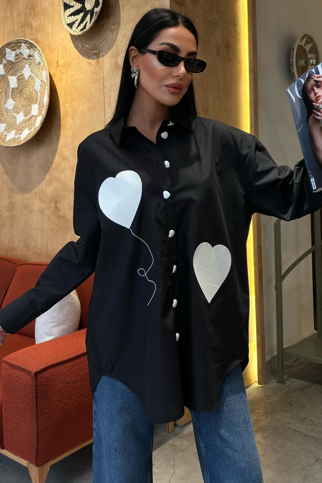 Heart Embroidered and Button Detailed Oversize Shirt