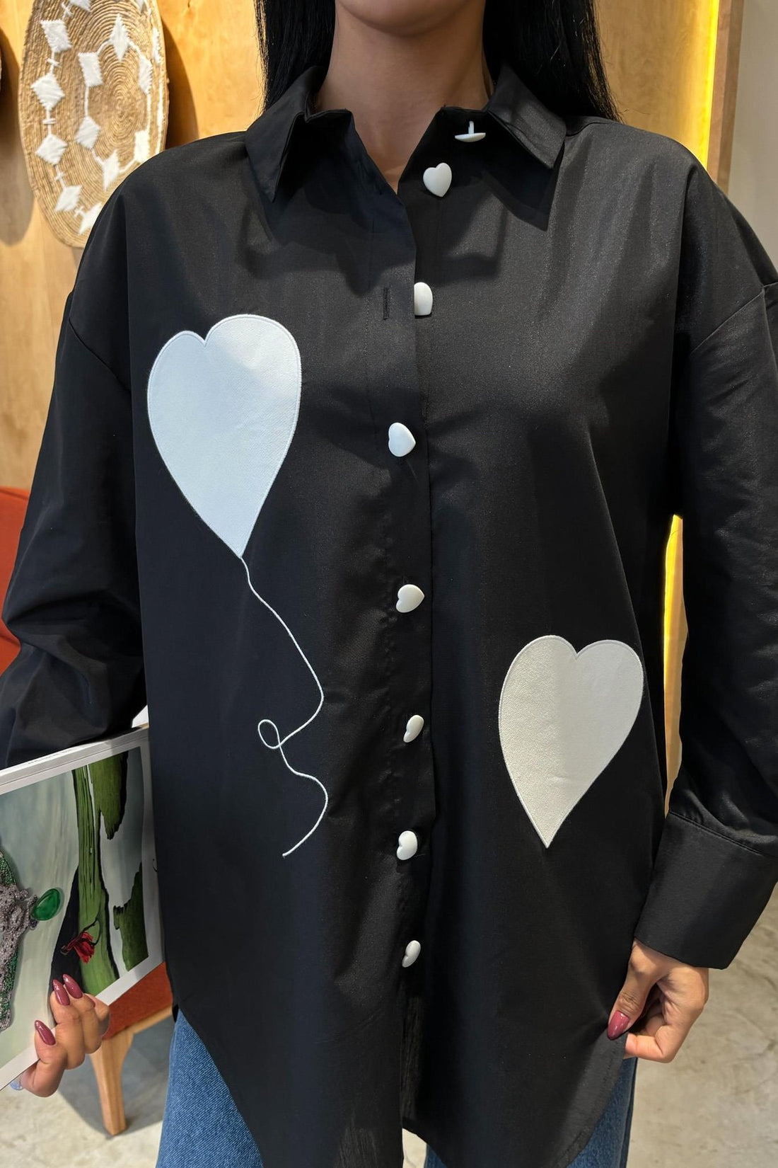 Heart Embroidered and Button Detailed Oversize Black Shirt