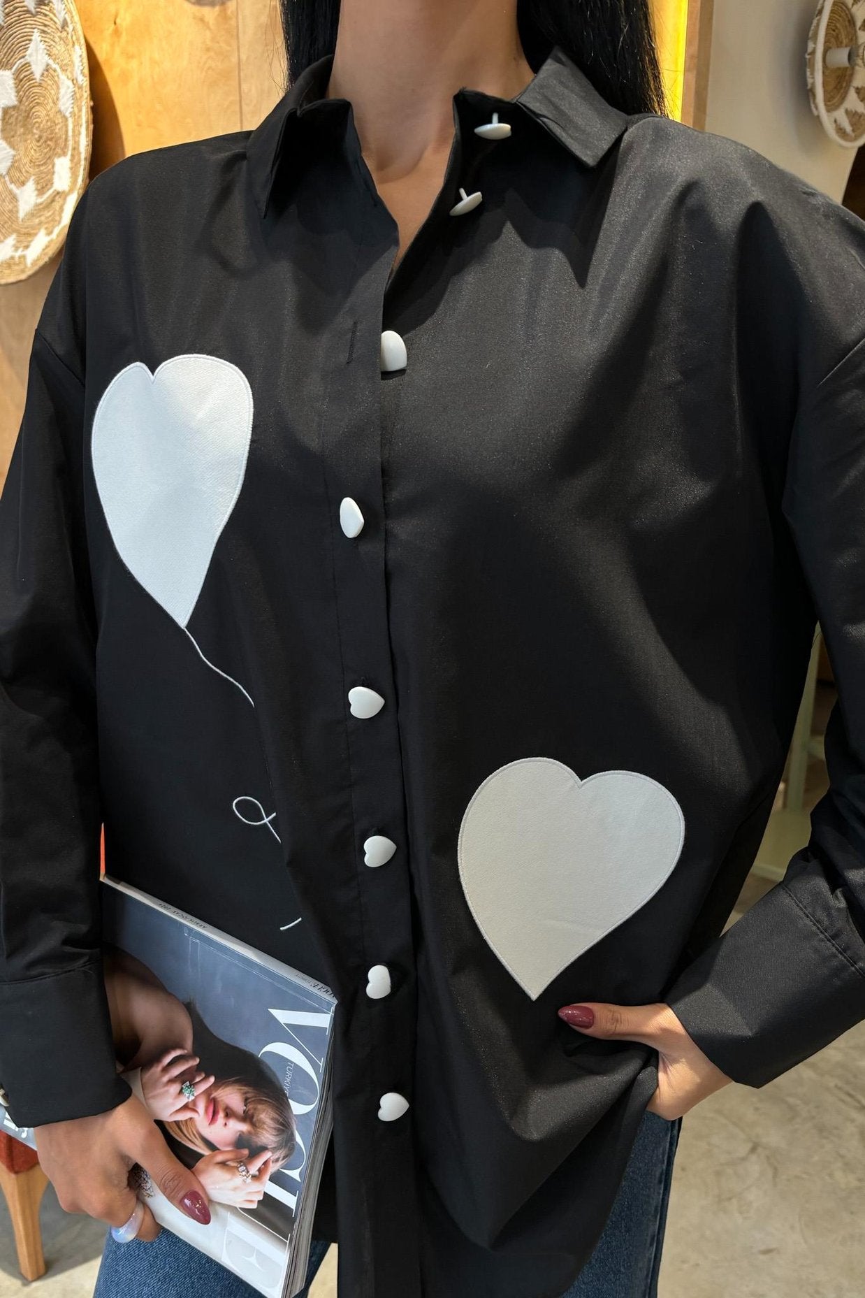 Heart Embroidered and Button Detailed Oversize Shirt