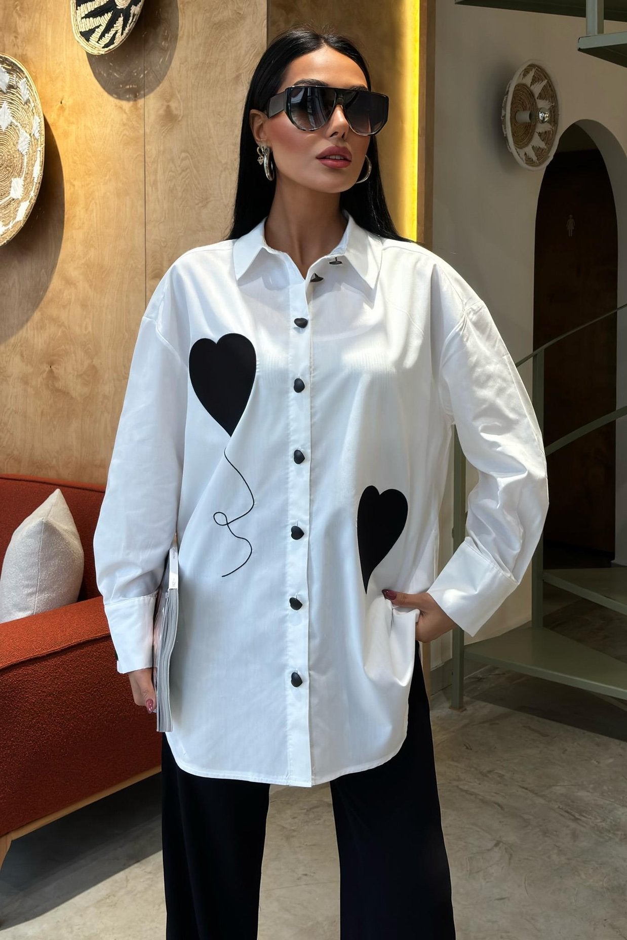 Heart Embroidered and Button Detailed Oversize Shirt