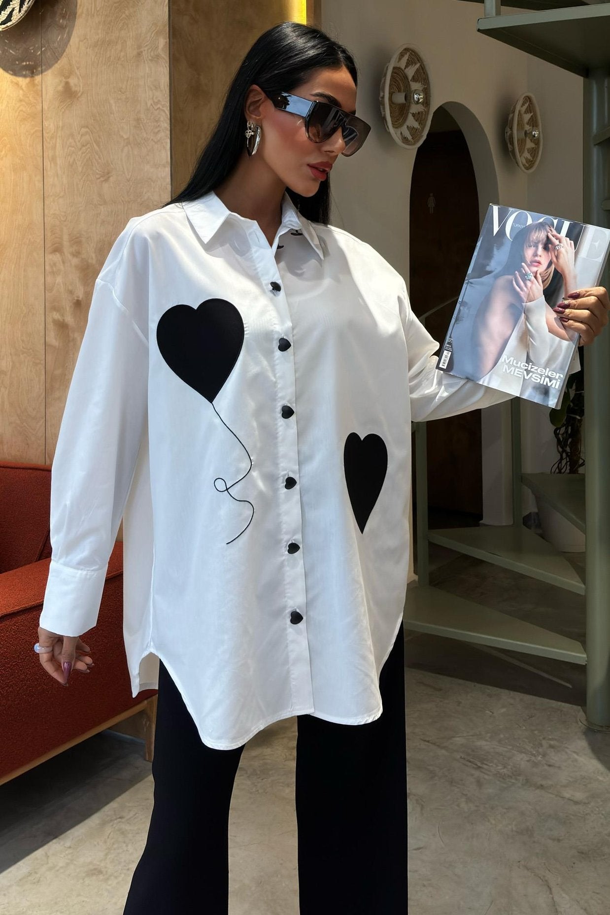 Heart Embroidered and Button Detailed Oversize Shirt