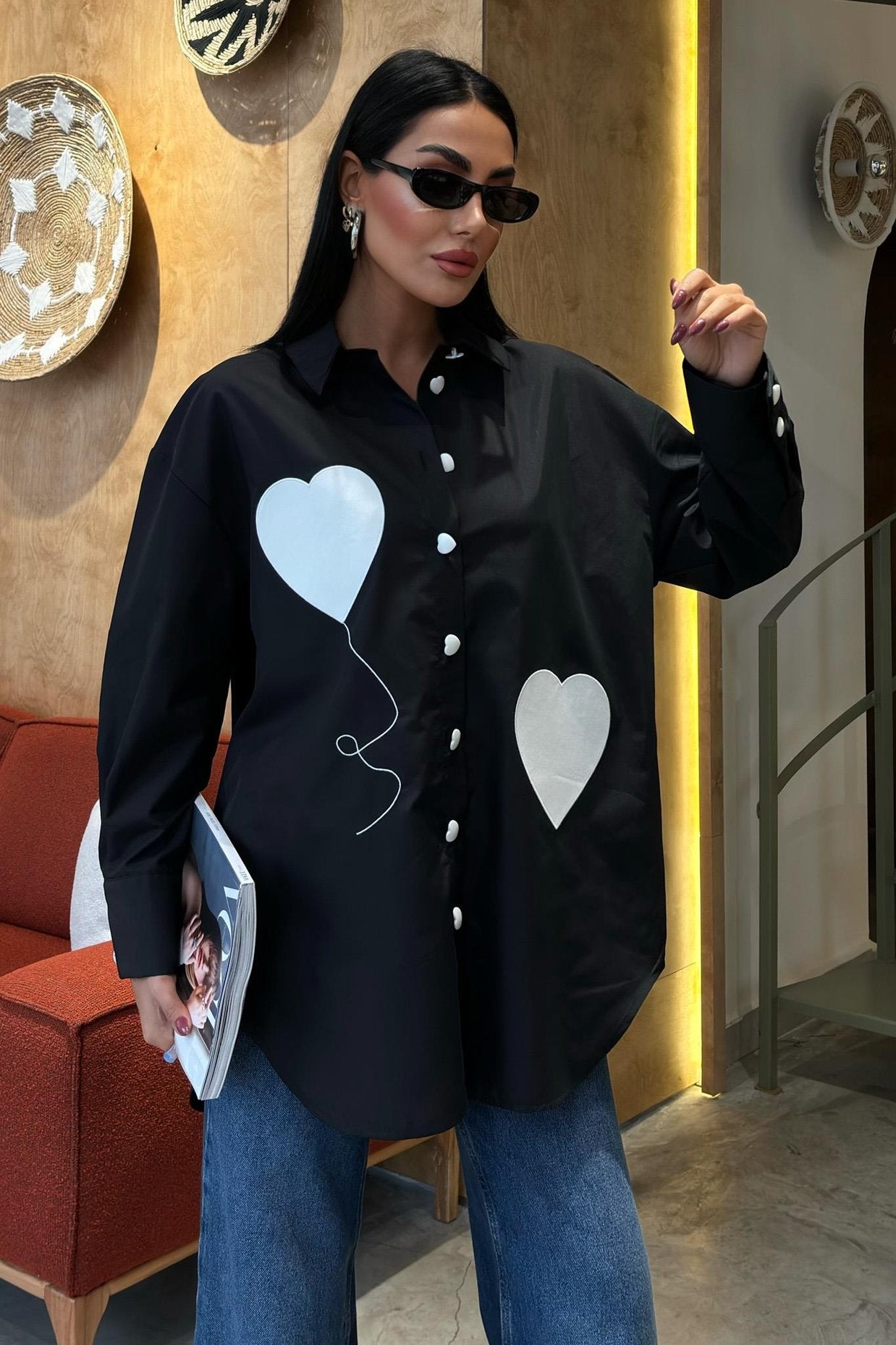 Heart Embroidered and Button Detailed Oversize Shirt