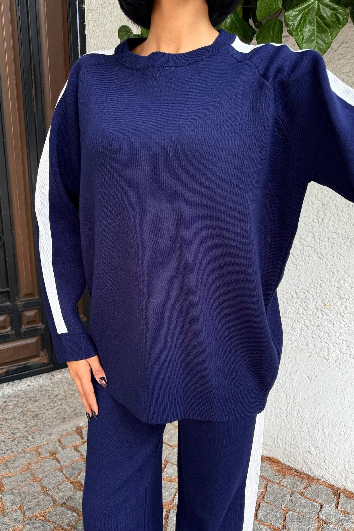 Comfortable Knitwear Set with Striped Edges Blue