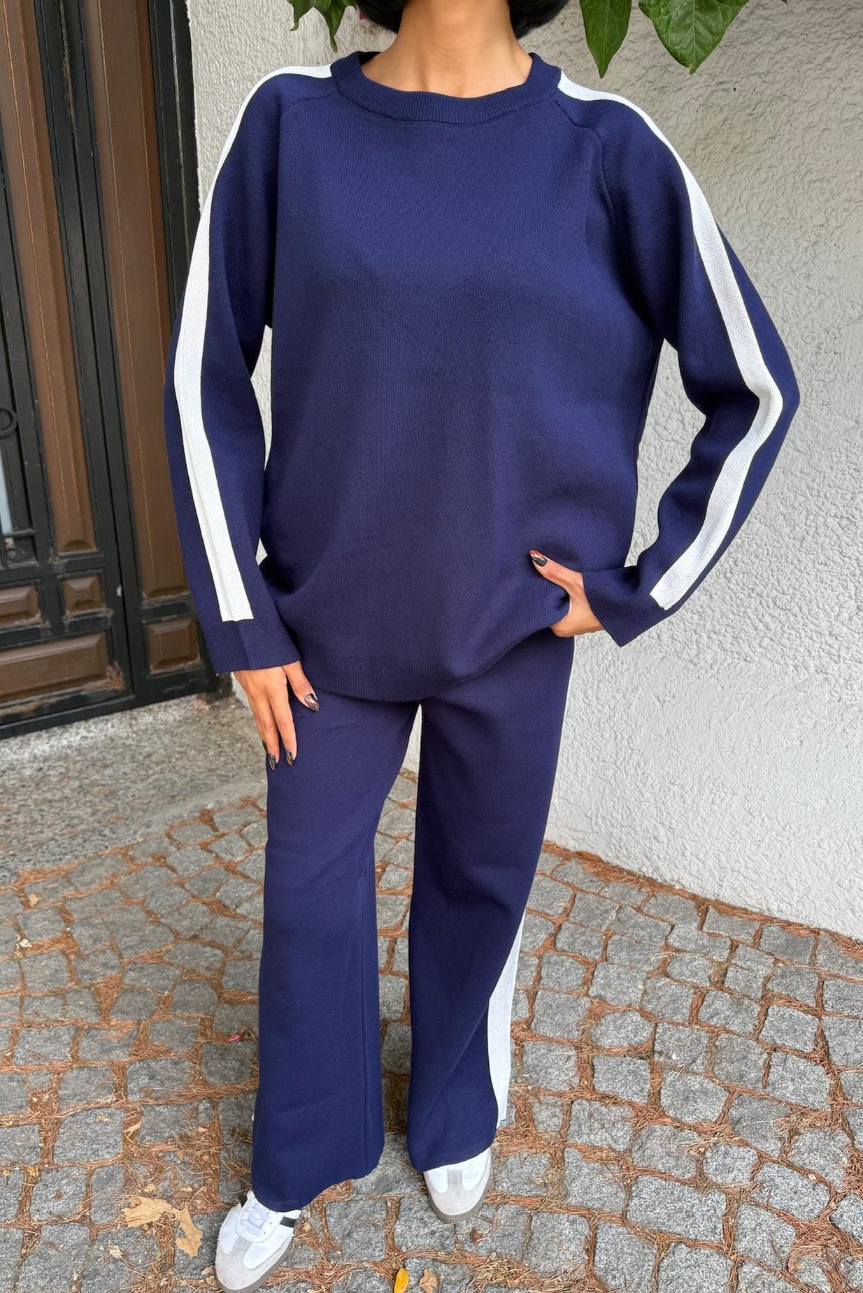 Comfortable Knitwear Set with Striped Edges Blue