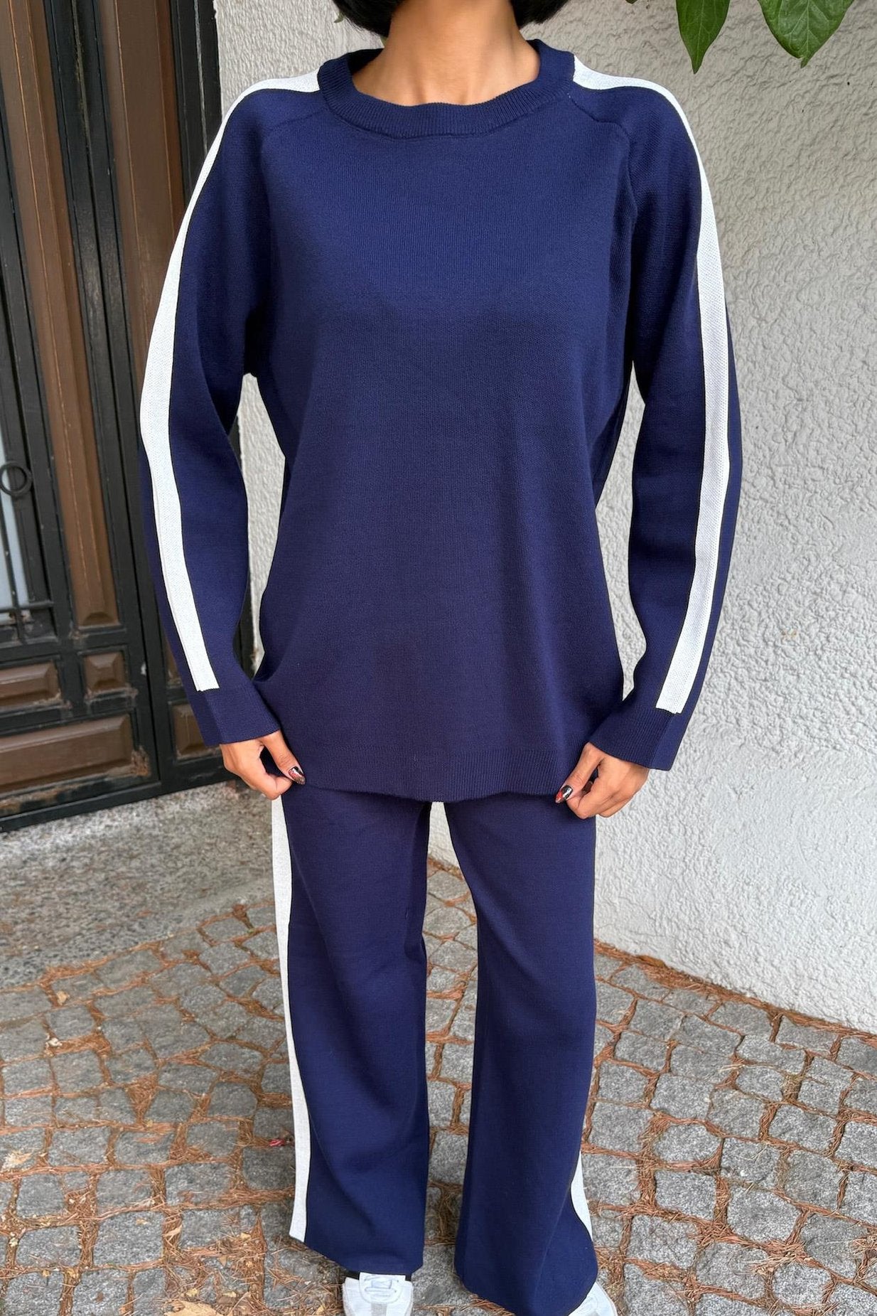 Comfortable Knitwear Set with Striped Edges Blue
