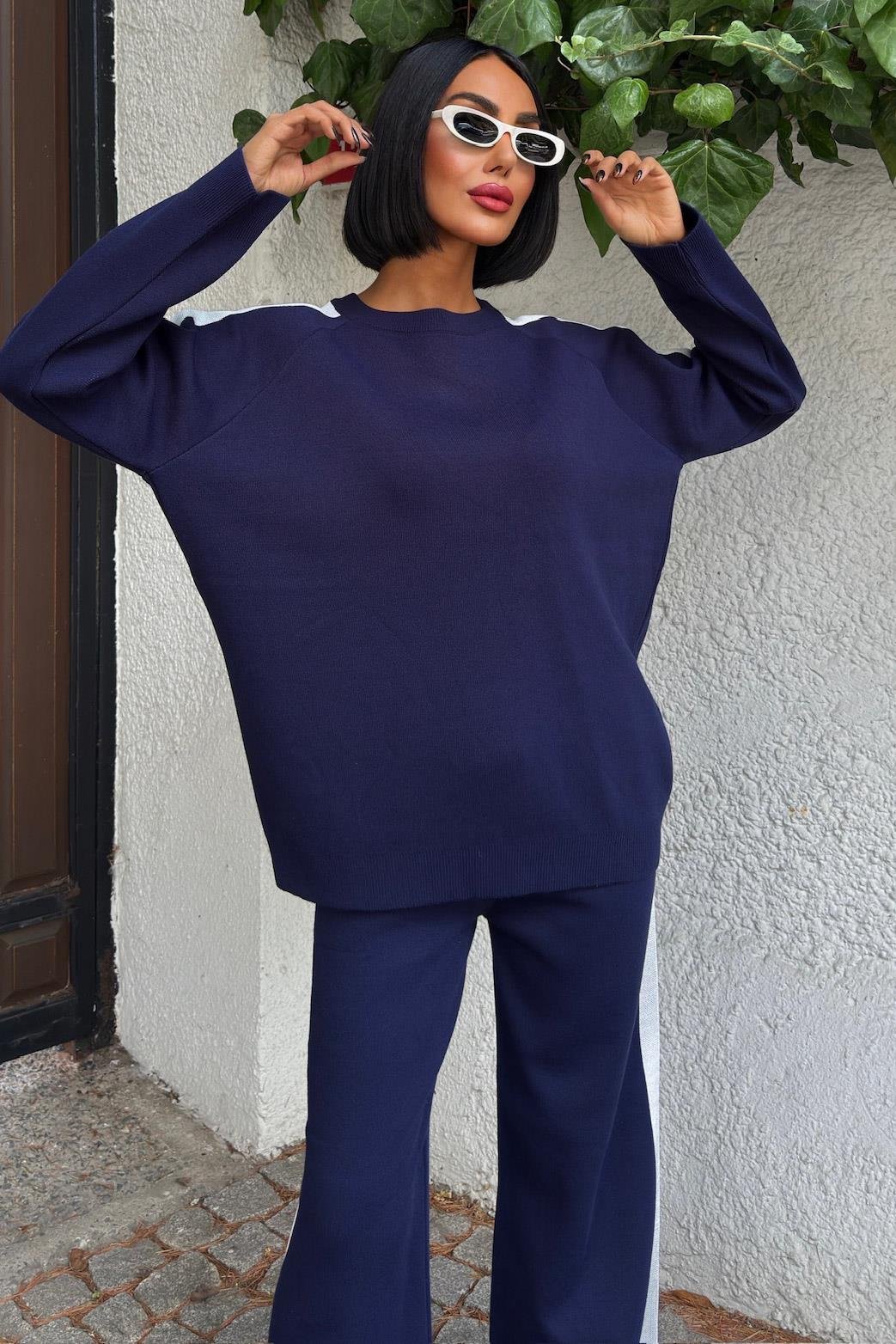 Comfortable Knitwear Set with Striped Edges Blue