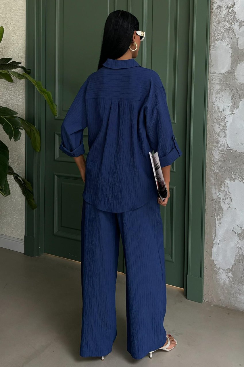 Self-Embossed Striped Two-Piece Casual Suit Blue