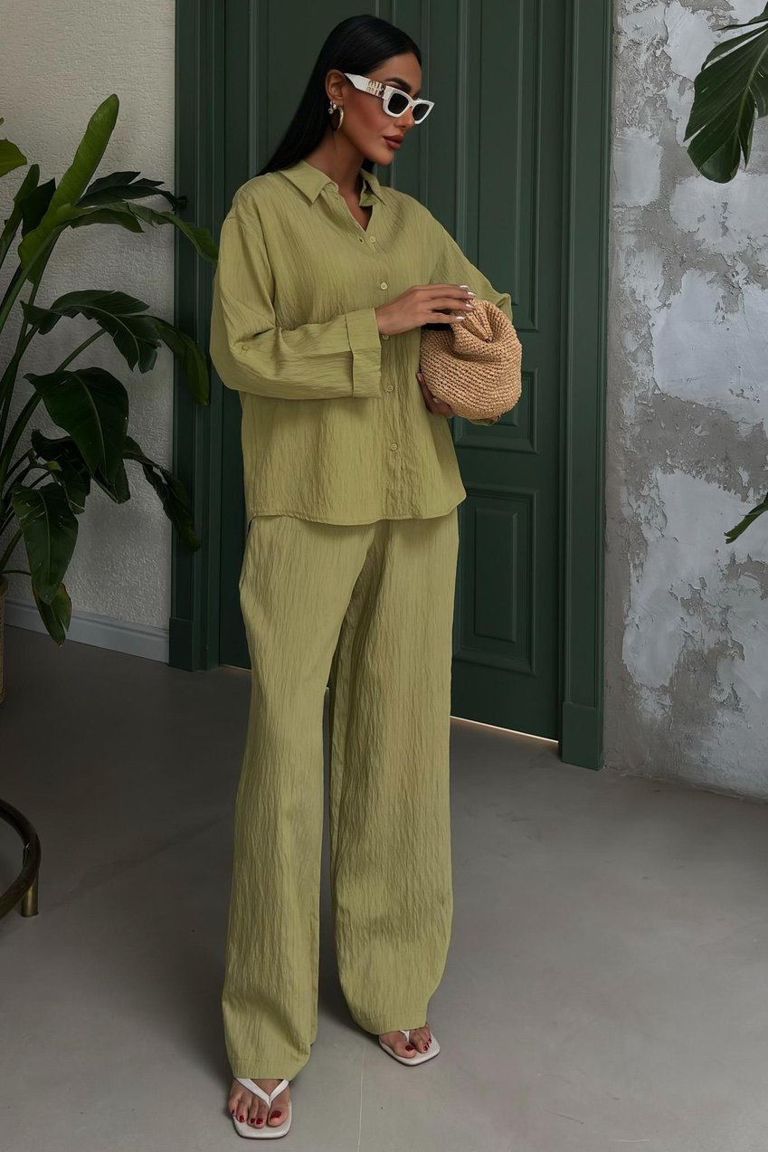 Self-Embossed Striped Two-Piece Casual Suit Green