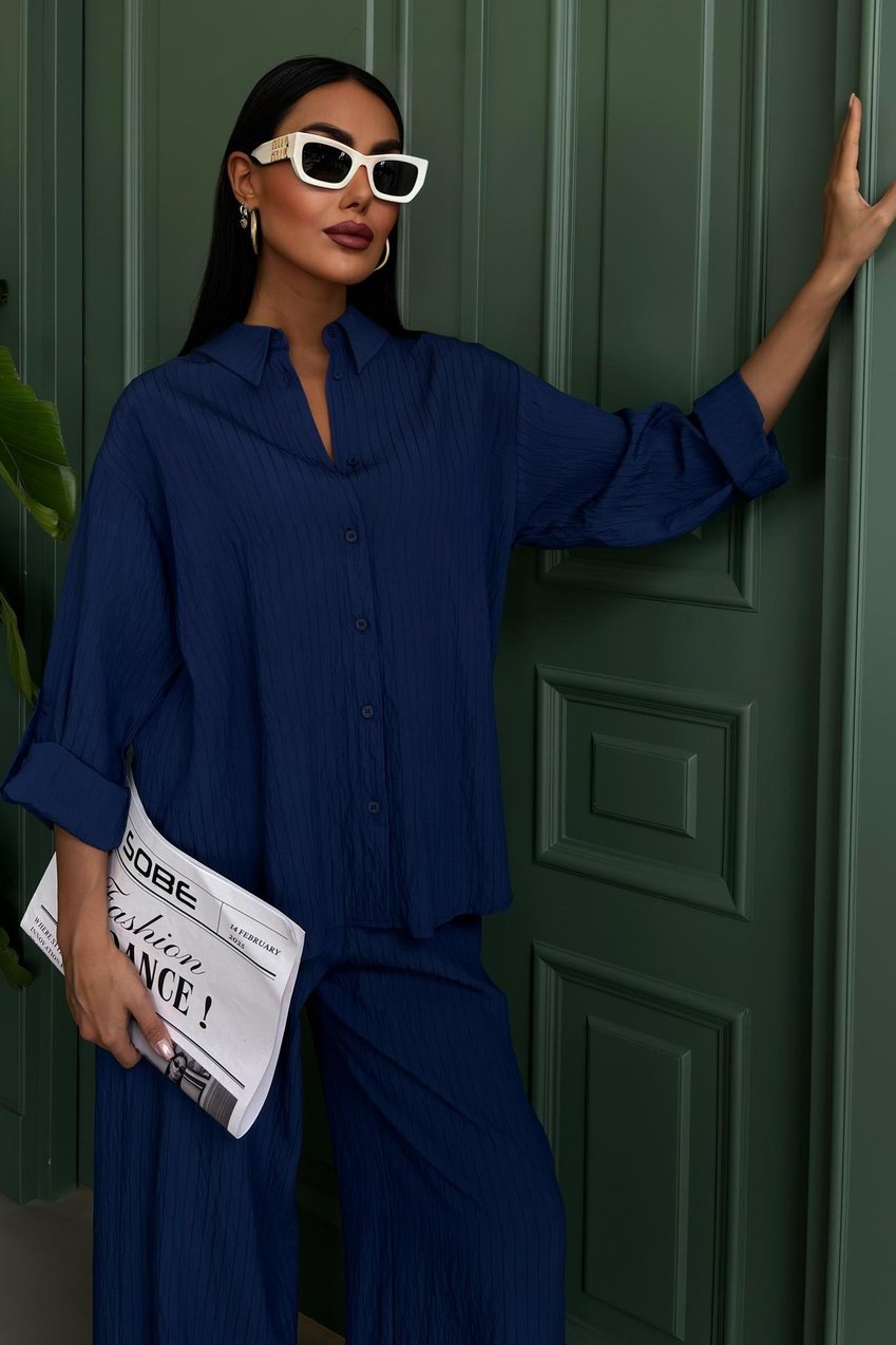 Self-Embossed Striped Two-Piece Casual Suit Blue