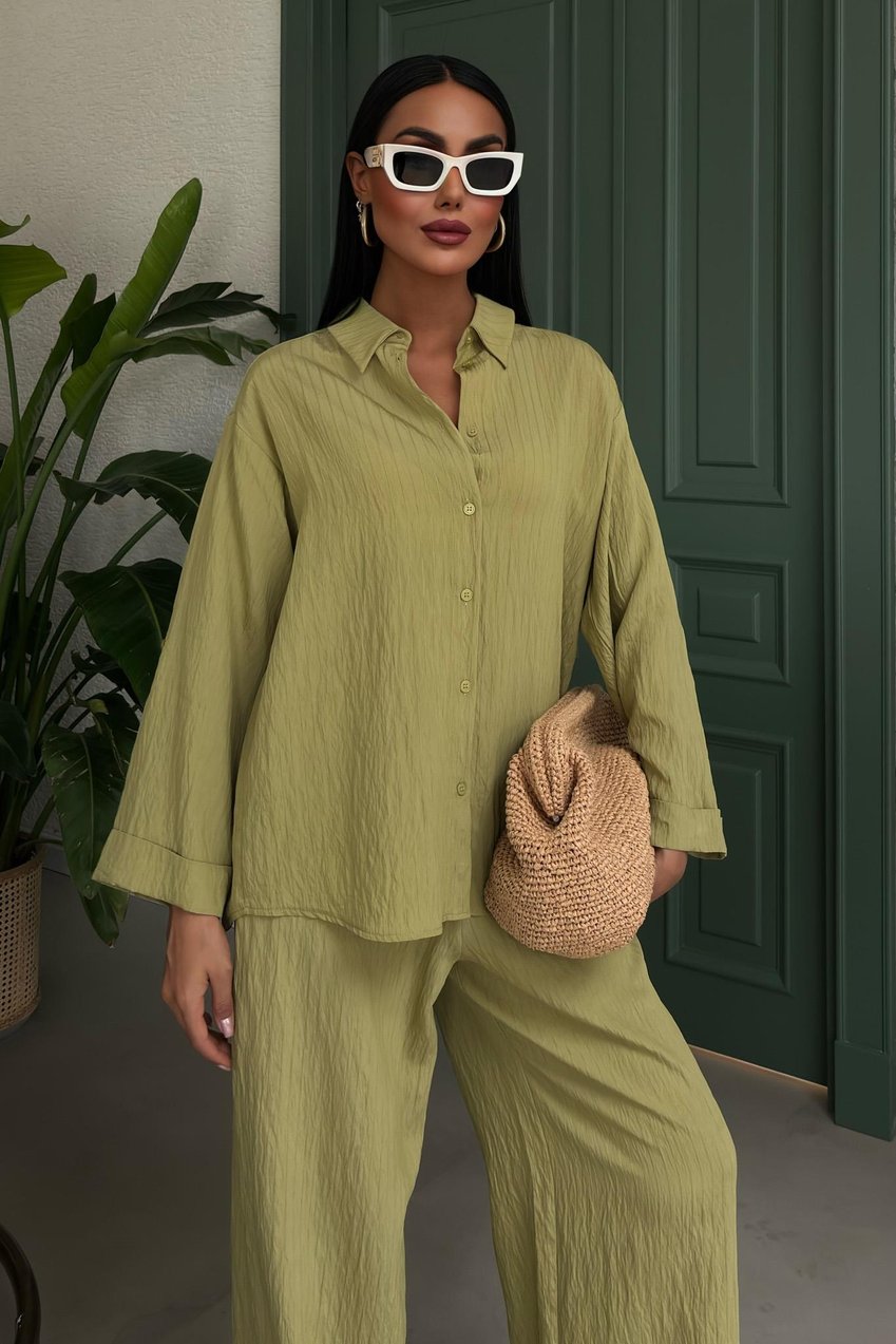 Self-Embossed Striped Two-Piece Casual Suit Green
