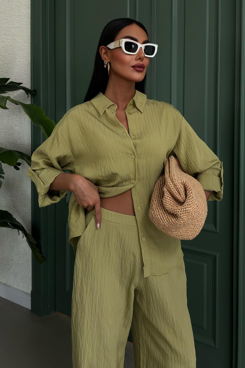 Self-Embossed Striped Two-Piece Casual Suit Green