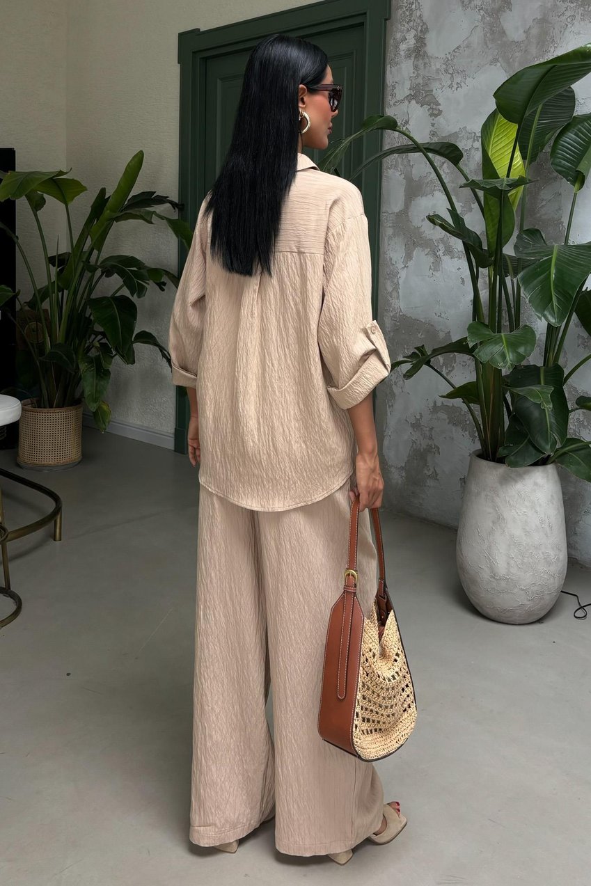 Self-Embossed Striped Two-Piece Casual Suit Beige