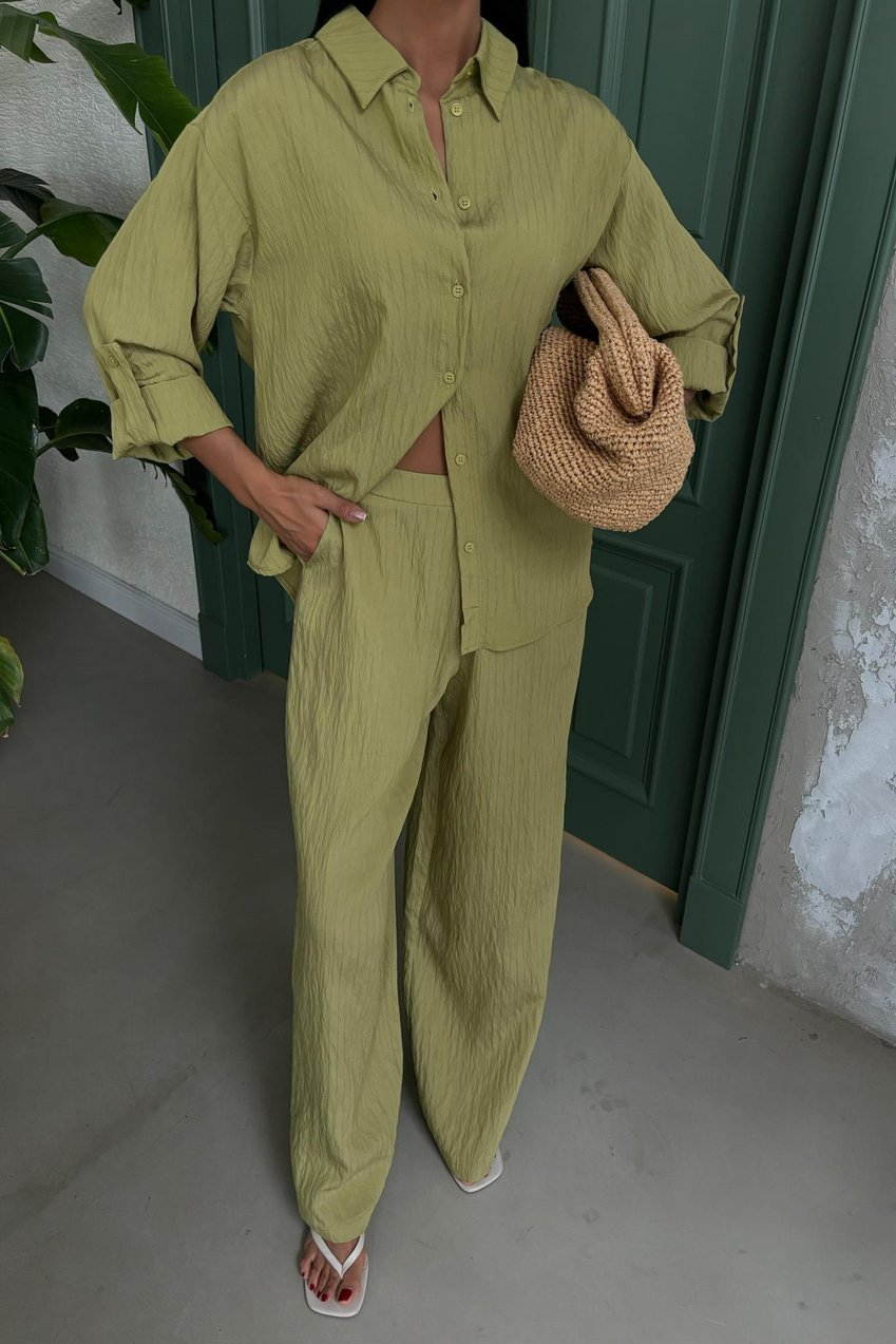 Self-Embossed Striped Two-Piece Casual Suit Green