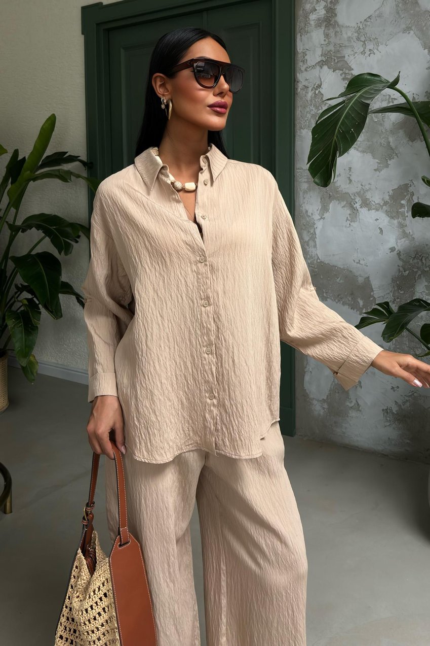 Self-Embossed Striped Two-Piece Casual Suit Beige
