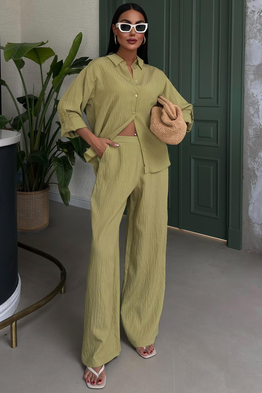 Self-Embossed Striped Two-Piece Casual Suit Green