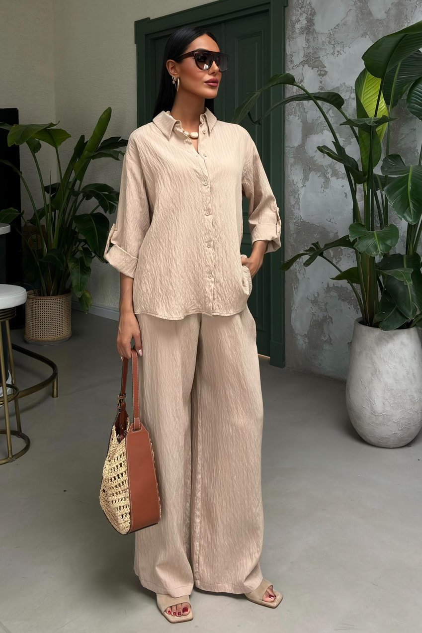 Self-Embossed Striped Two-Piece Casual Suit Beige