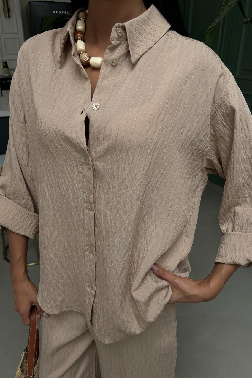 Self-Embossed Striped Two-Piece Casual Suit Beige