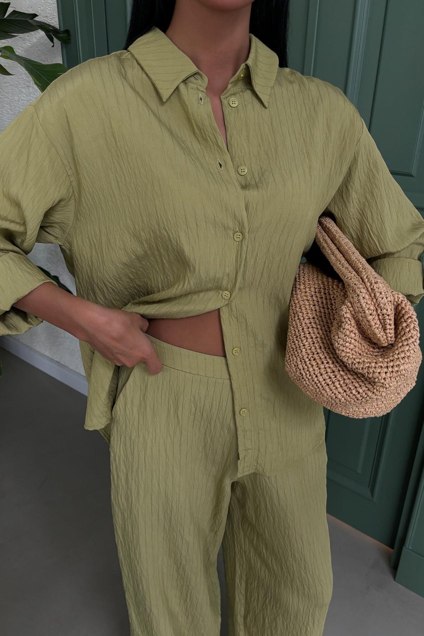Self-Embossed Striped Two-Piece Casual Suit Green