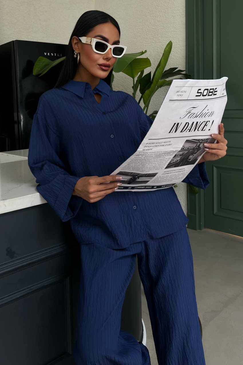 Self-Embossed Striped Two-Piece Casual Suit Blue