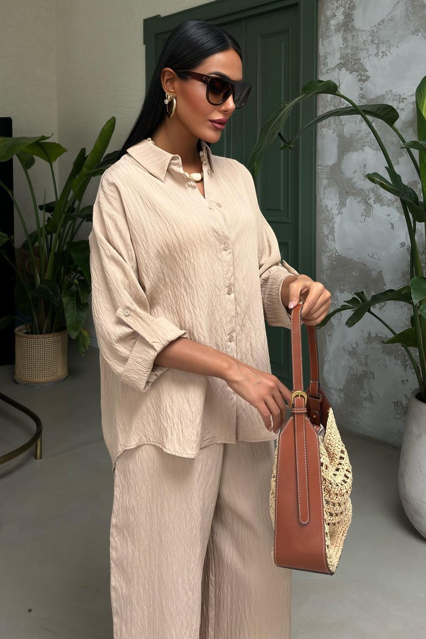 Self-Embossed Striped Two-Piece Casual Suit Beige