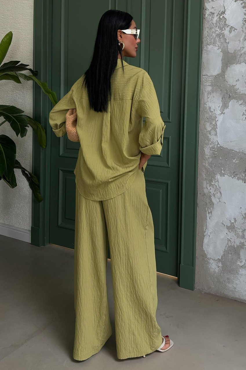Self-Embossed Striped Two-Piece Casual Suit Green