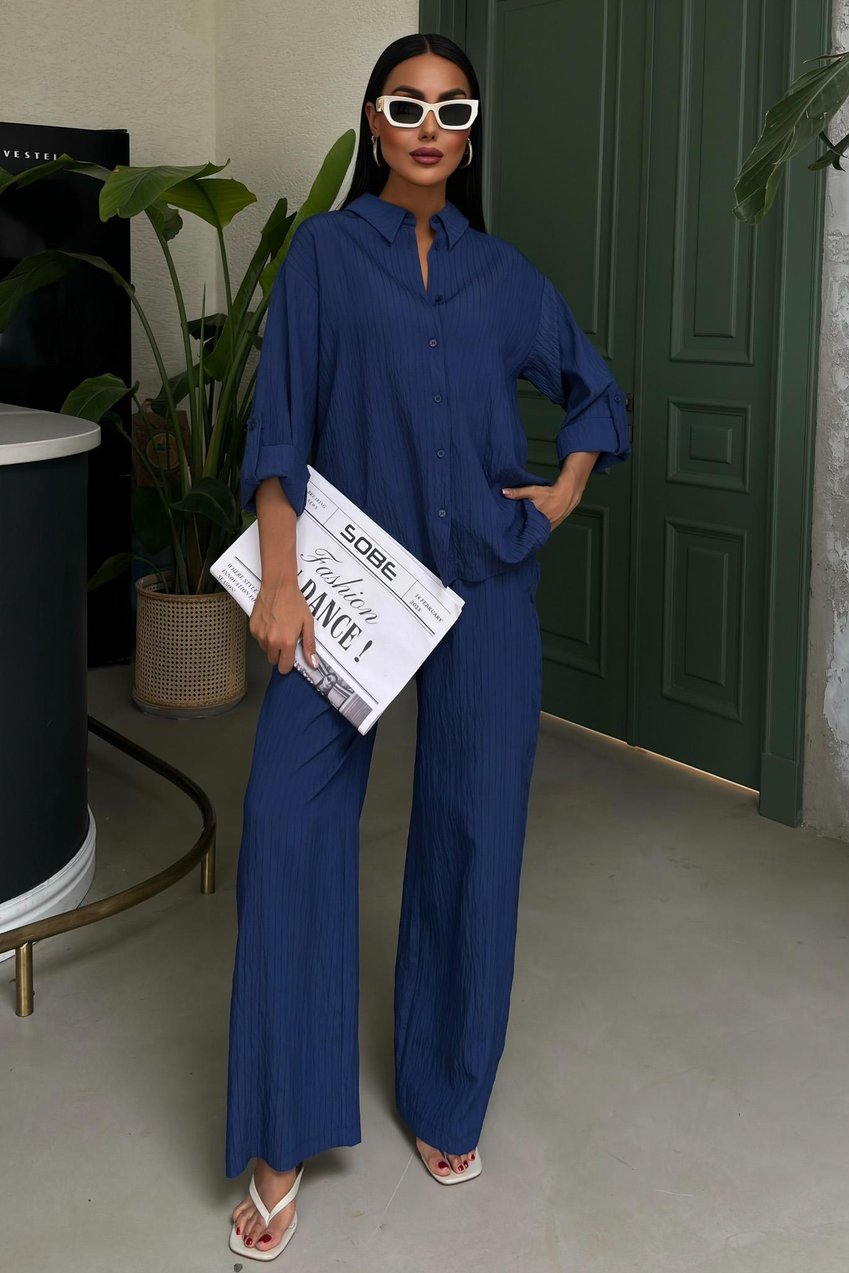 Self-Embossed Striped Two-Piece Casual Suit Blue