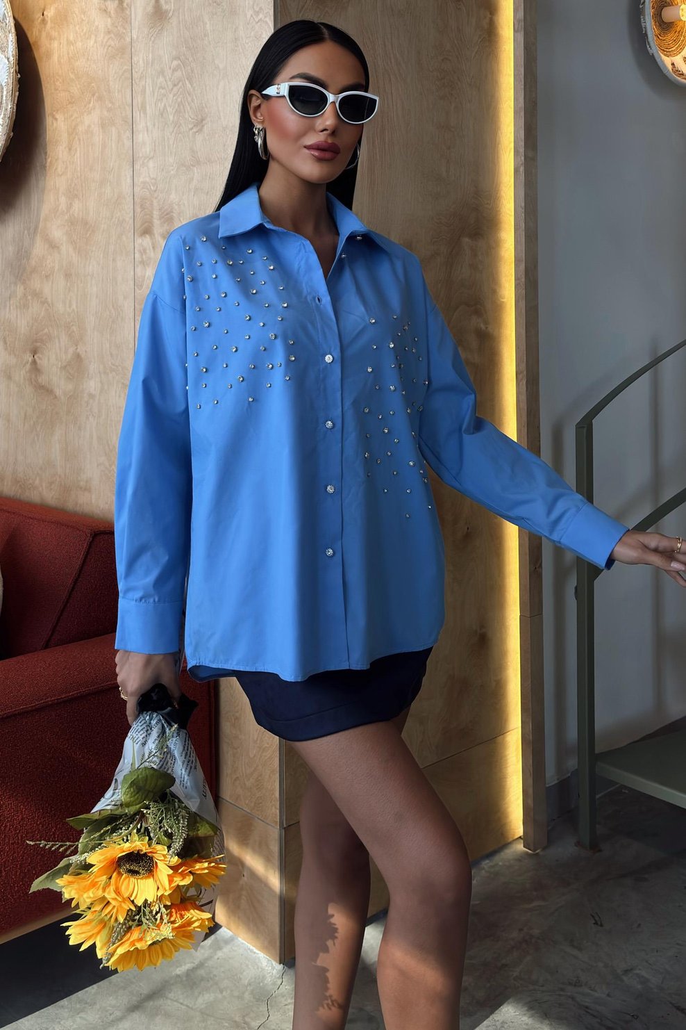 Crystal Stone Embellished Poplin Blue Shirt