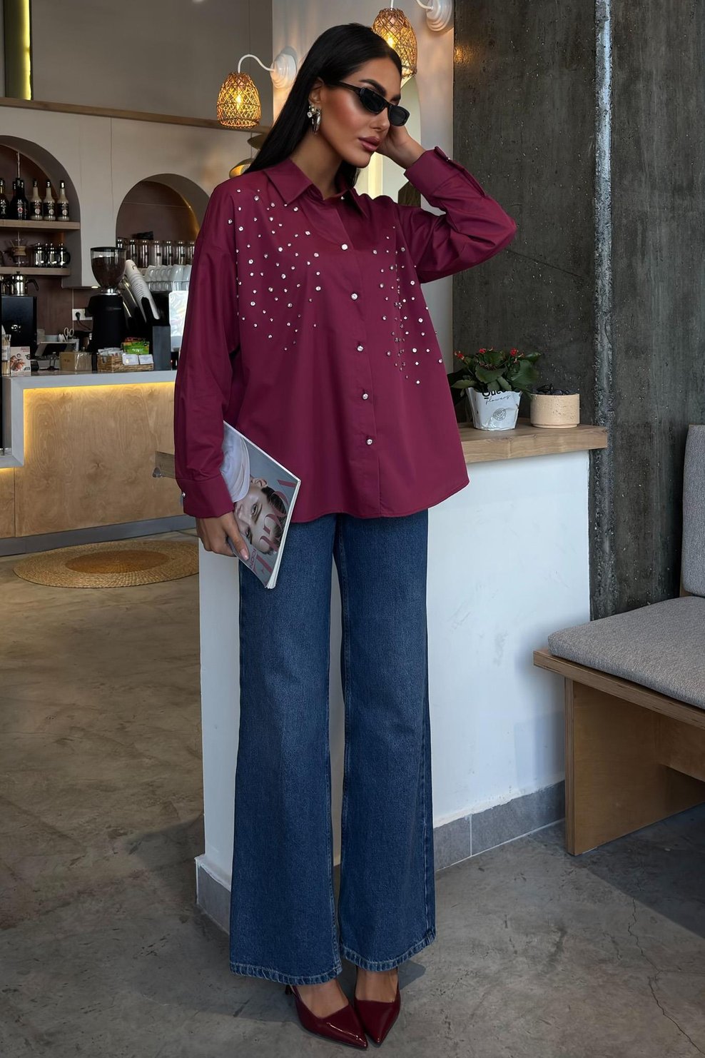 Crystal Stone Embellished Poplin Burgundy Shirt