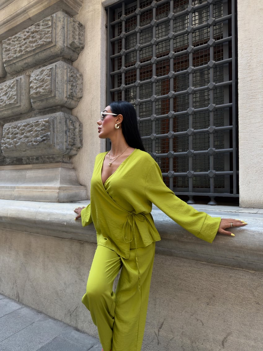 Double-Breasted Model Classic Trousers Linen Suit Green