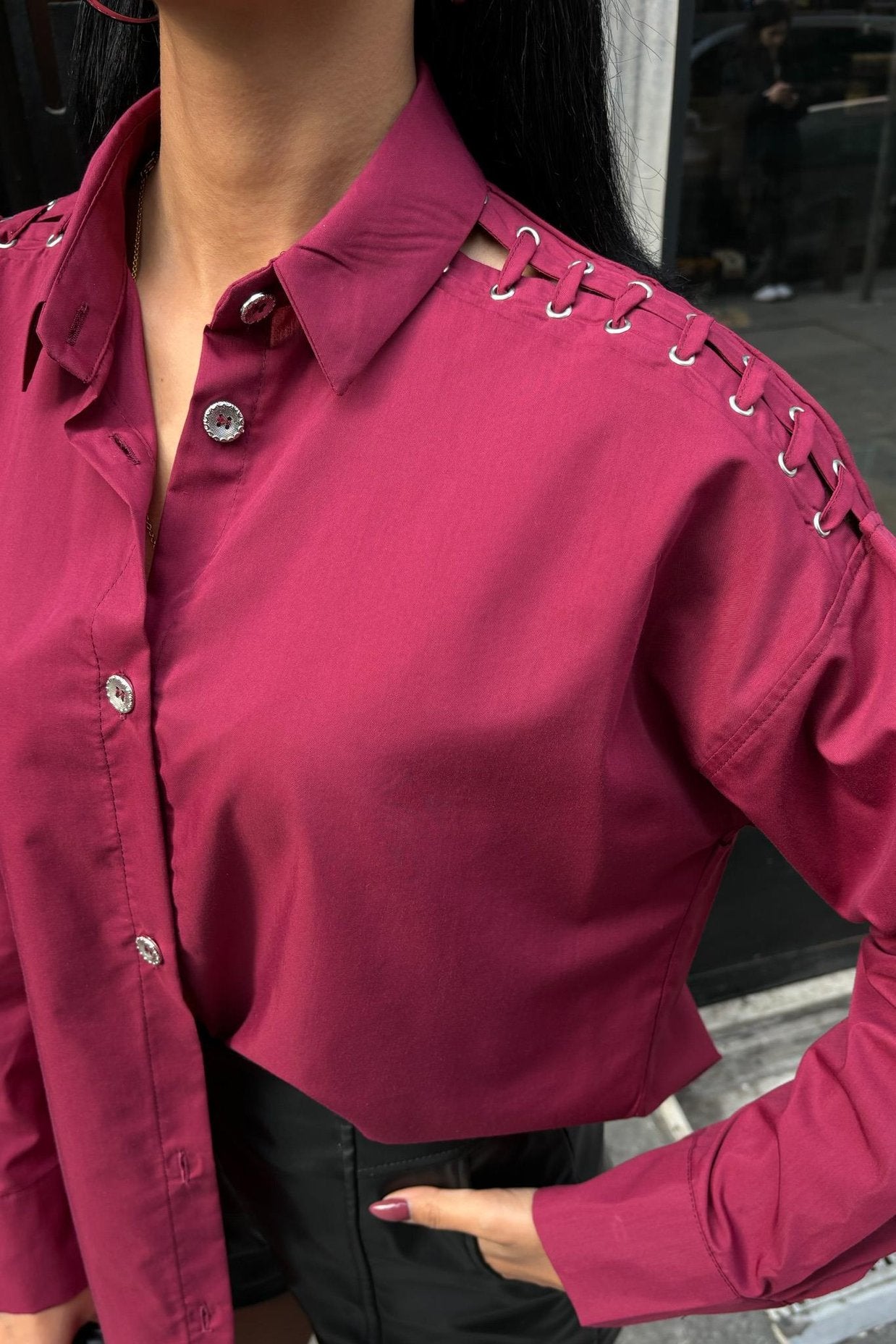 Poplin Shirt with Eyelet and Piping Detail