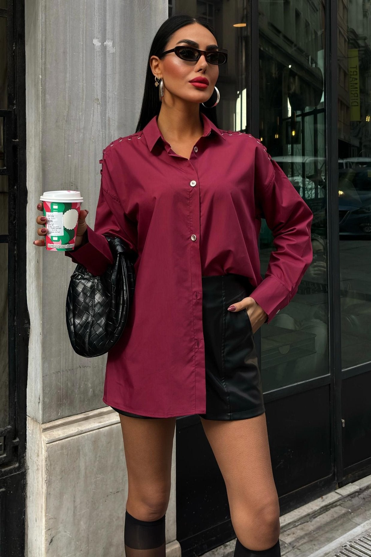 Poplin Shirt with Eyelet and Piping Detail