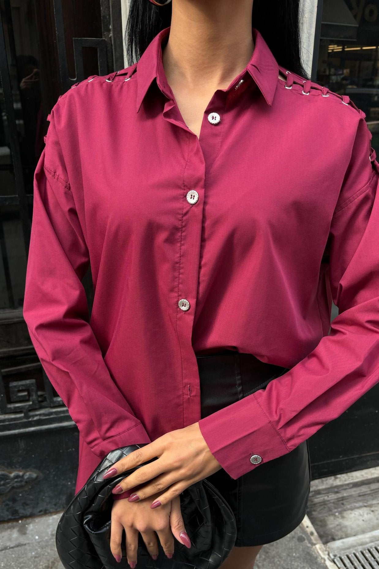 Poplin Shirt with Eyelet and Piping Detail