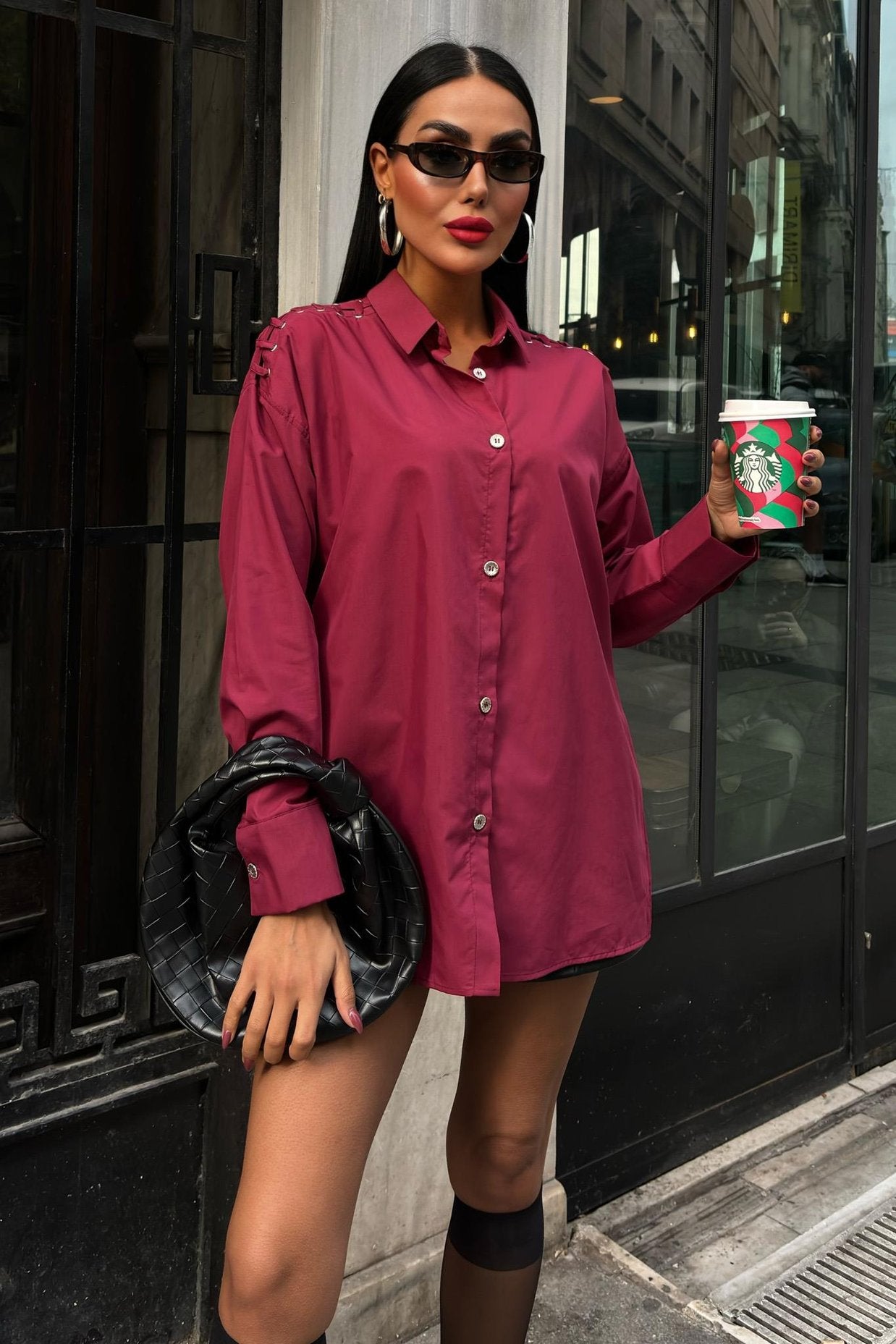Poplin Shirt with Eyelet and Piping Detail