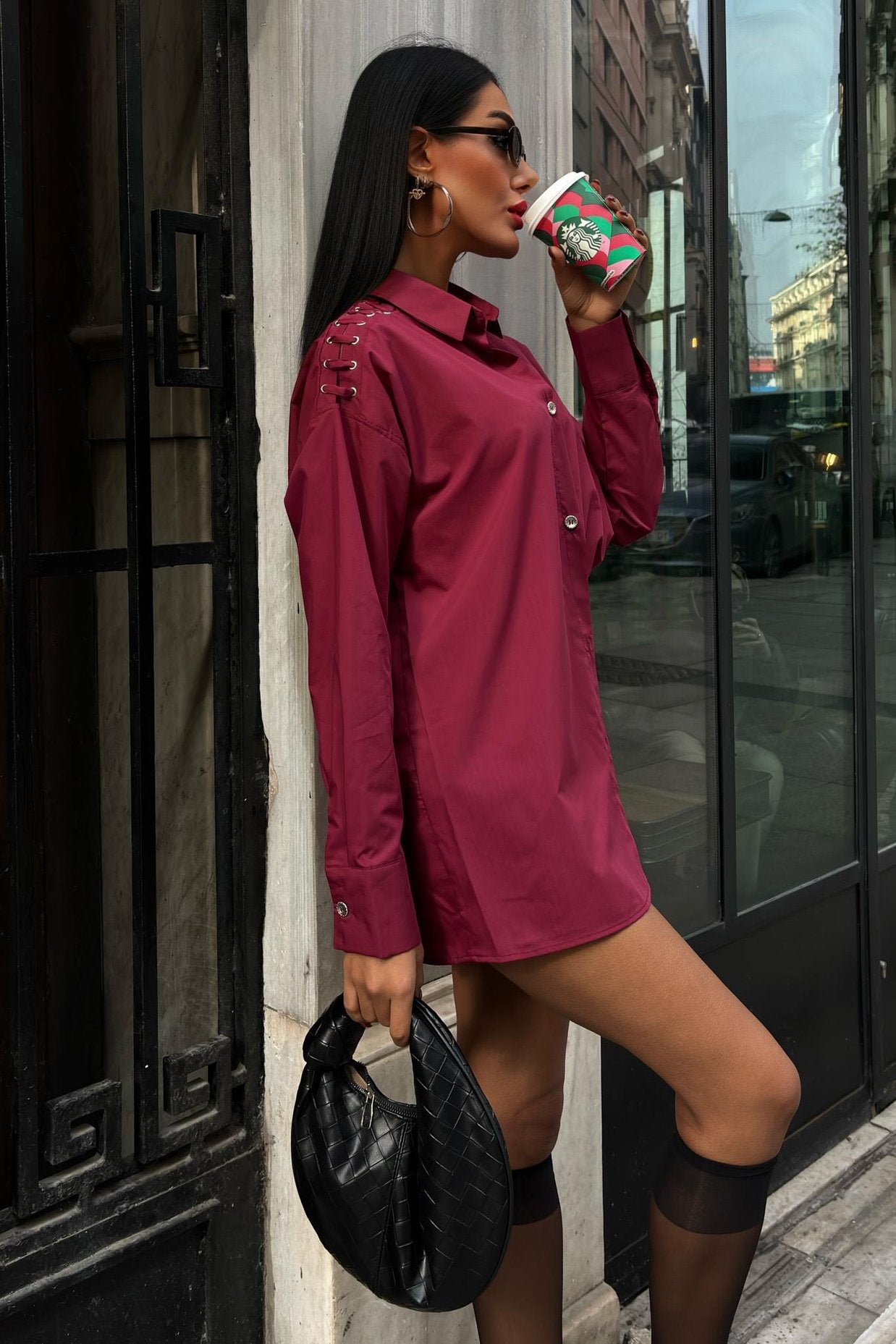 Poplin Shirt with Eyelet and Piping Detail